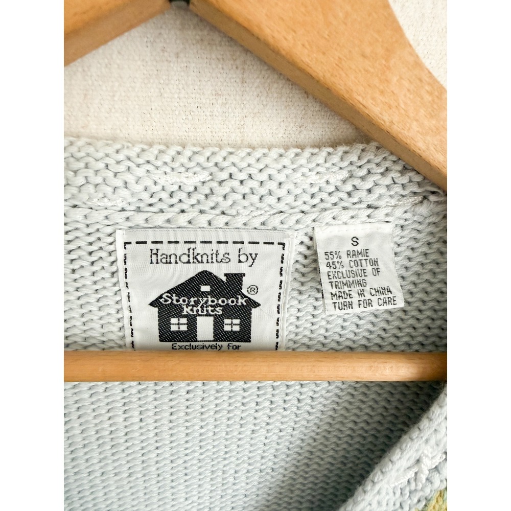 Storybook Knits Cardigan Victorian House Bicycle Novelty Small Blue Handknit S - Picture 8 of 10
